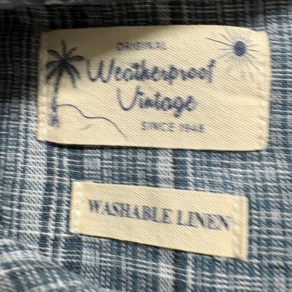Weatherproof Vintage Mens XL Blue Plaid Washable Linen Short Sleeve Button Shirt