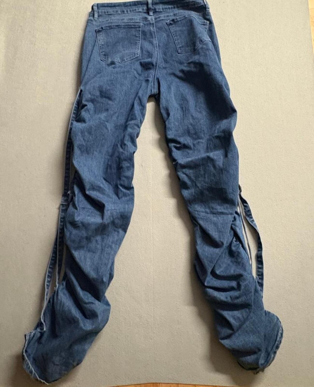Fashion Nova Ruched Stacked Jeans Womens Size 13 Blue Denim Buckle Strap CJ14