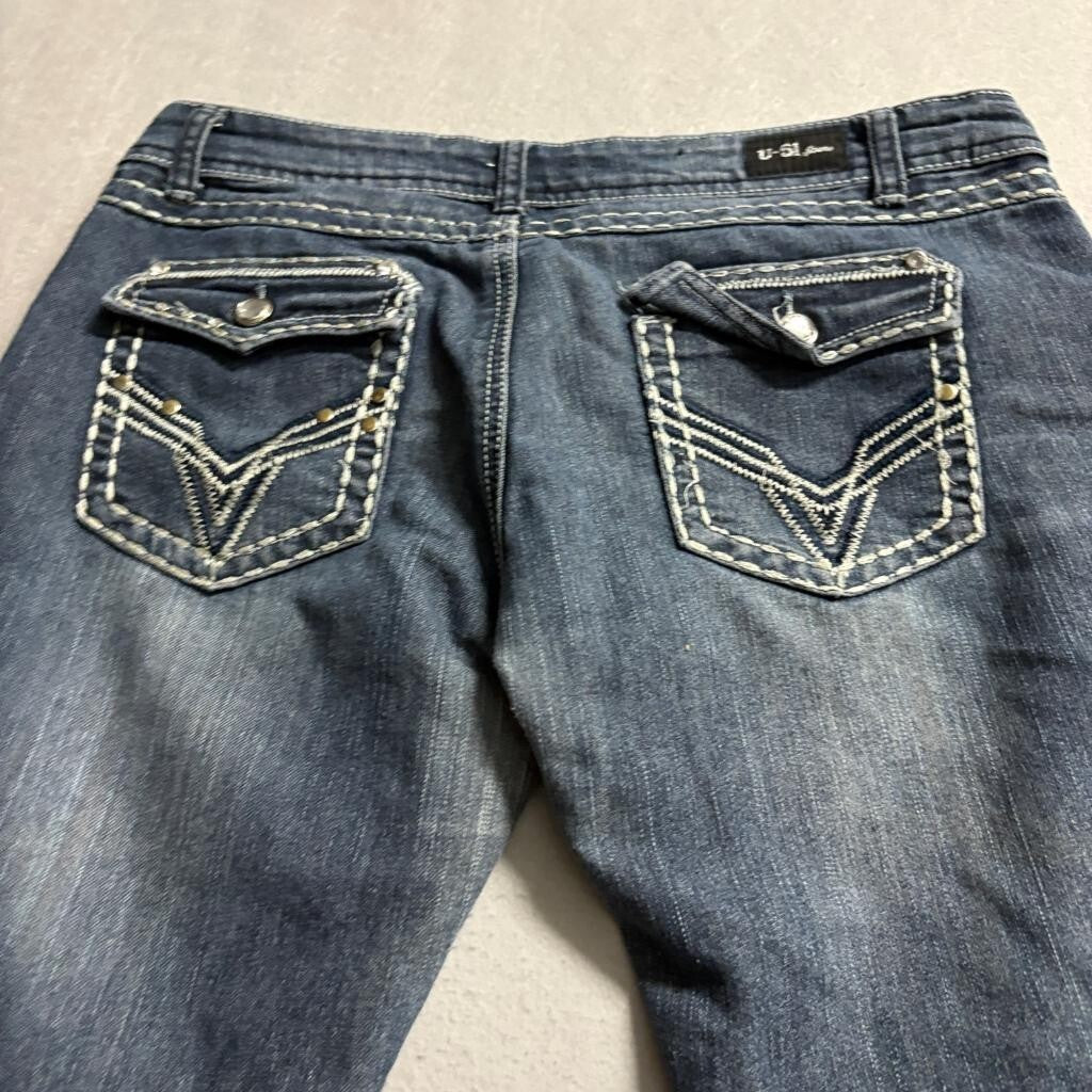 U-51 Jeans Womens 11/12 Blue Denim Embellished Studded Pockets Stretch Skinny