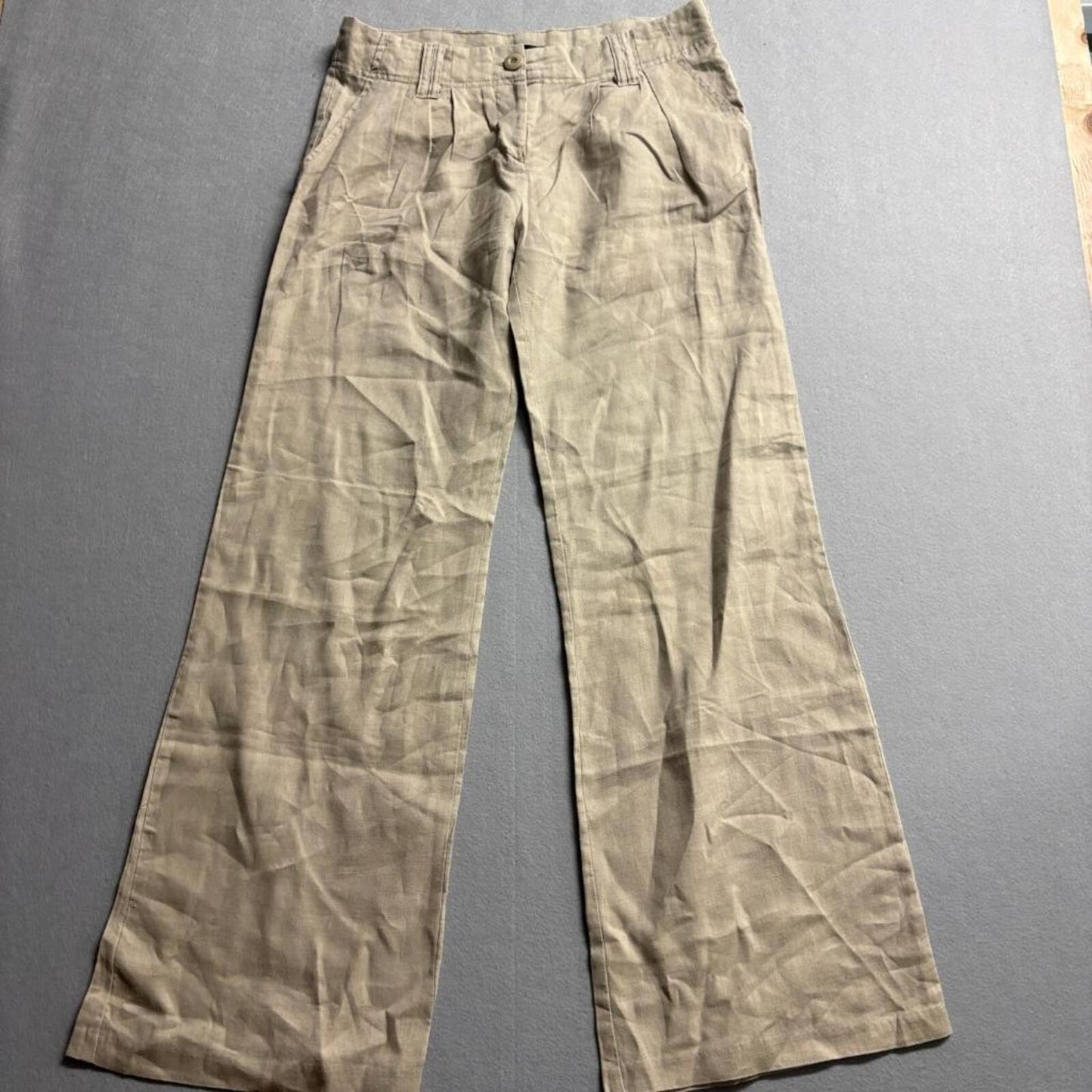 Unit USA Women's Beige 100% Linen Wide Leg Pants Size Large Flat Front Casual
