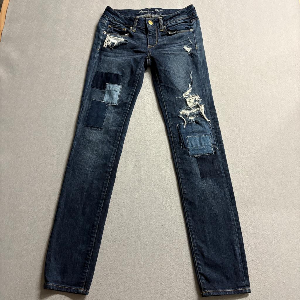 American Eagle Skinny Jeans Womens 2 Regular Blue Distressed Patchwork Denim