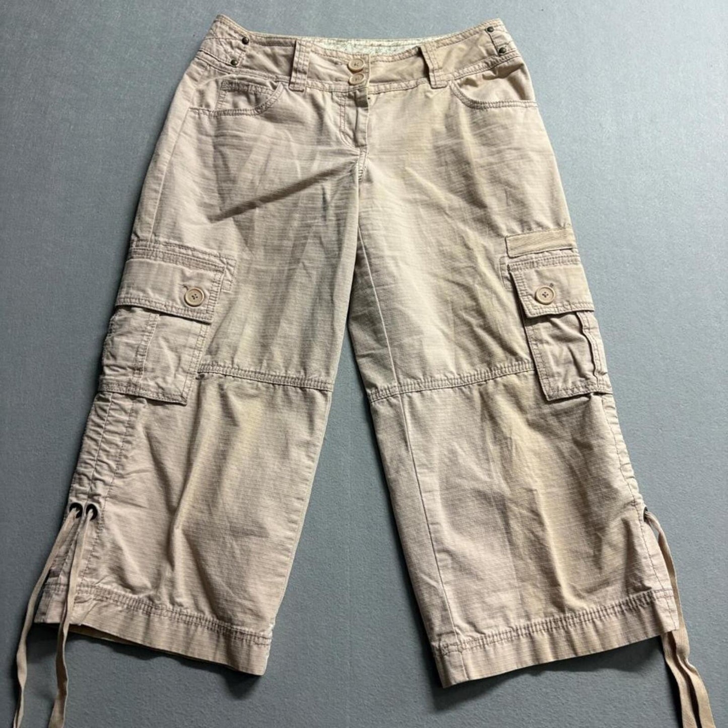 Cabi Womens Cargo Capri Pants Size 8 Tan Beige Cotton Ripstop Drawstring Hem