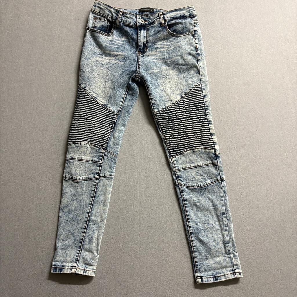 The Style Between Us Moto Jeans Mens 9 Acid Wash Blue Denim Biker Ribbed Stretch