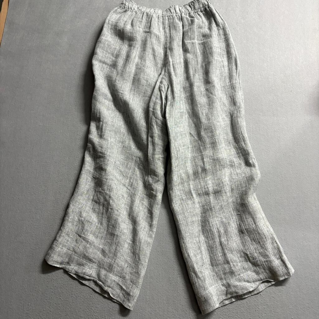 Tahari Linen Pants Womens Medium Gray White Striped Wide Leg Cropped Elastic