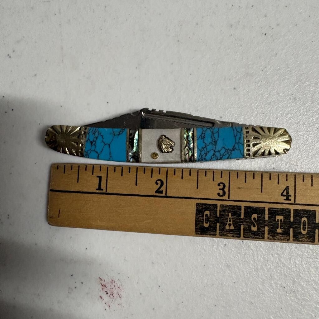 Silverhorse Stoneworks 3 Blade Pocket Knife Turquoise Abalone Pearl Horse Head