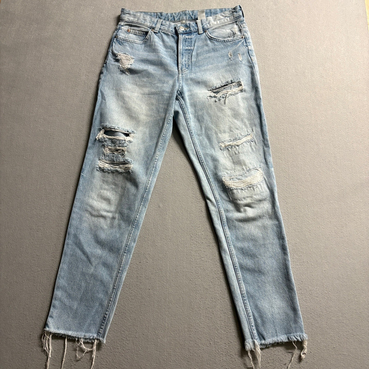 H&M &Denim Boyfriend Jeans Womens 4 Blue Distressed Embroidered Flowers Raw Hem