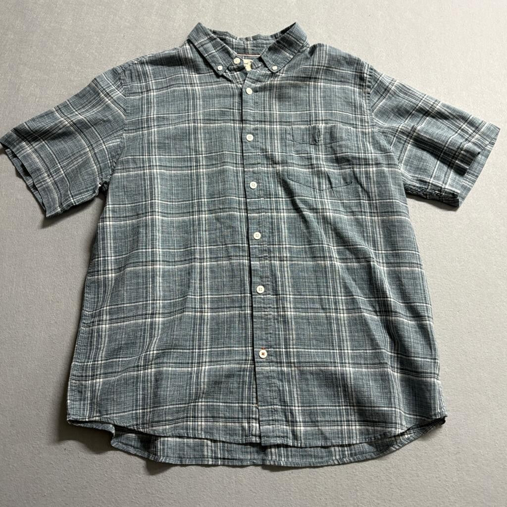 Weatherproof Vintage Mens XL Blue Plaid Washable Linen Short Sleeve Button Shirt