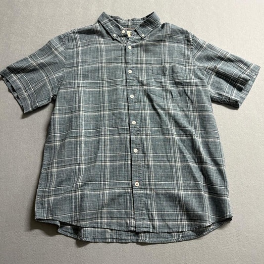Weatherproof Vintage Mens XL Blue Plaid Washable Linen Short Sleeve Button Shirt