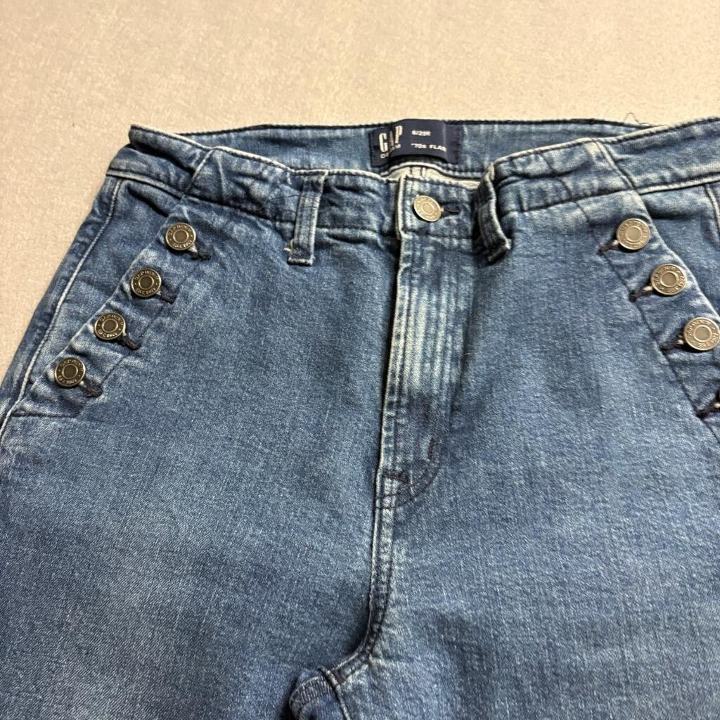 Gap 70s Flare Jeans Womens 8 29R Blue Sailor Button High Rise Stretch Denim