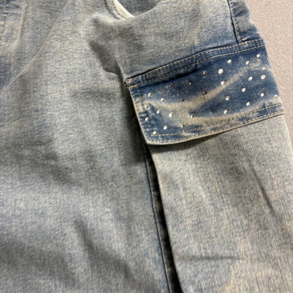 Madden NYC Womens Wide Leg Cargo Jeans Light Wash Rhinestone Accent Size 1X