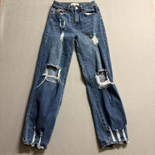 Madden Girl Distressed Boyfriend Jeans Womens Size 25 Blue Denim Ripped Hem