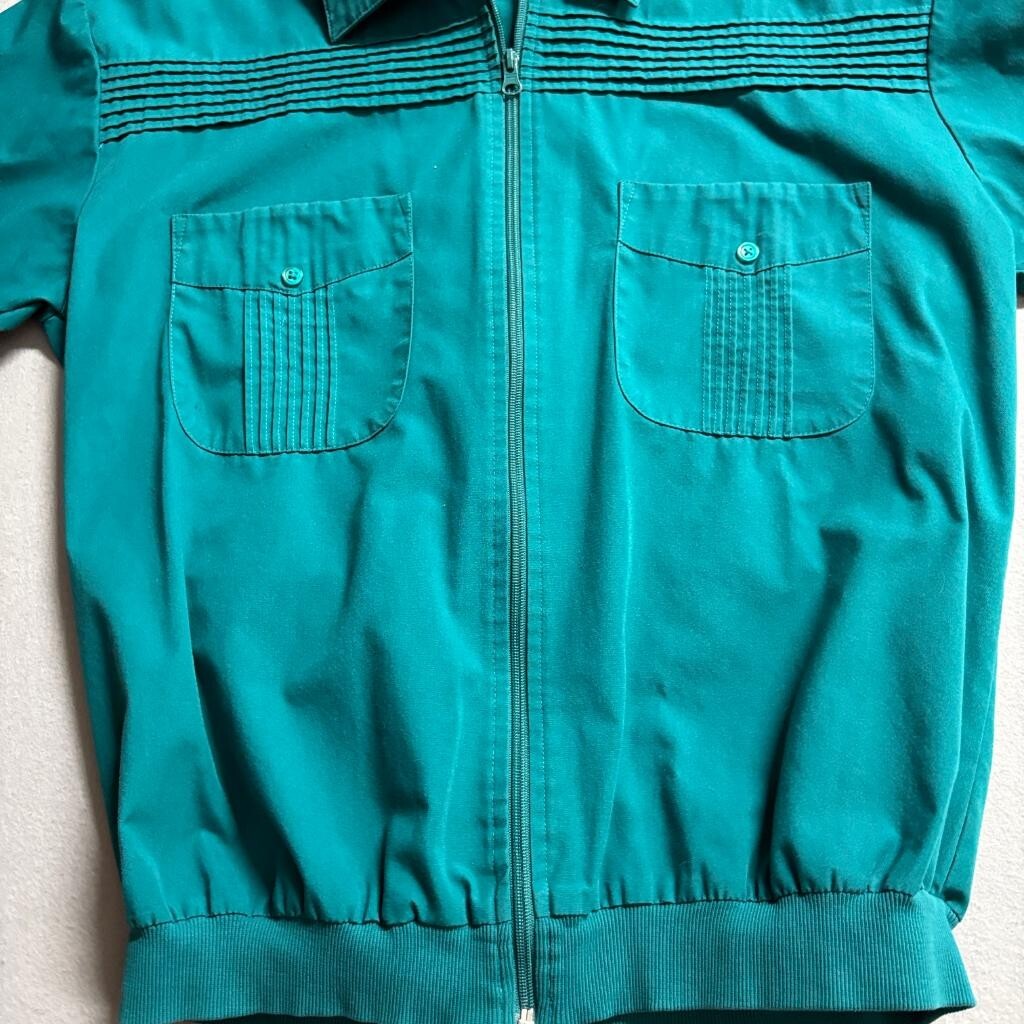 John Blair Mens Medium Green Short Sleeve Zip Up Guayabera Style Bomber Shirt