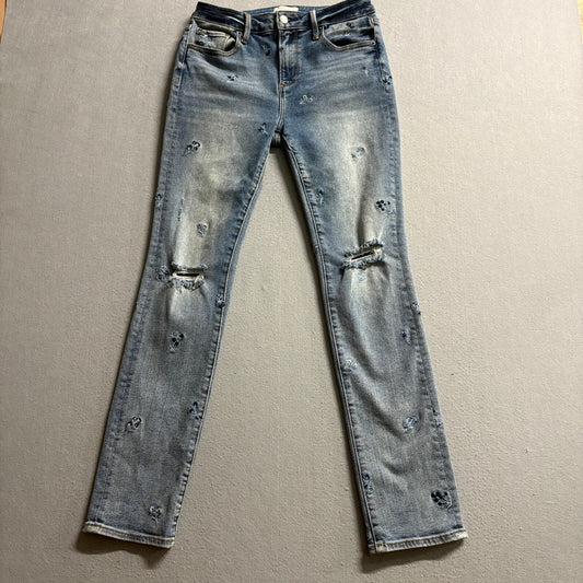 Driftwood Audrey High Rise Embroidered Distressed Jeans Womens 26 Blue Floral