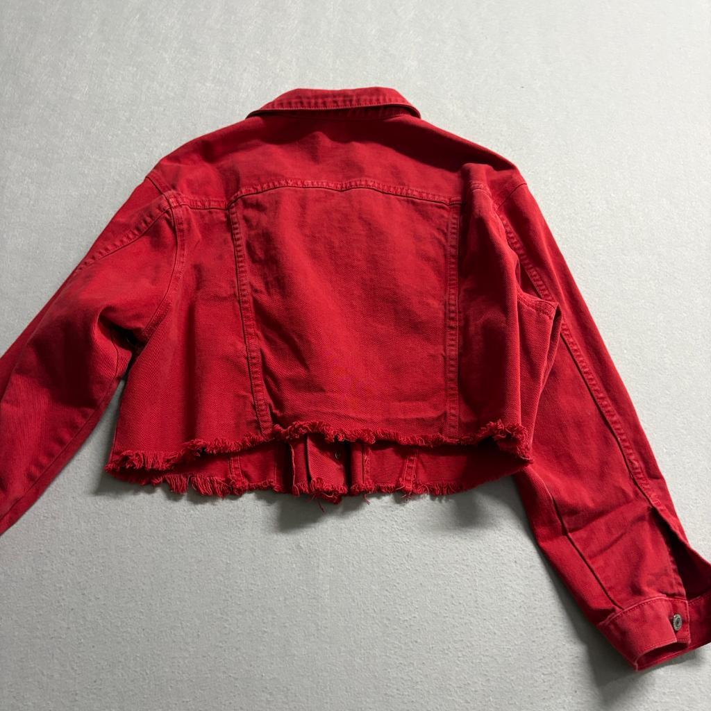 John Galt California Red Denim Jacket Womens Cropped Raw Hem Button Up