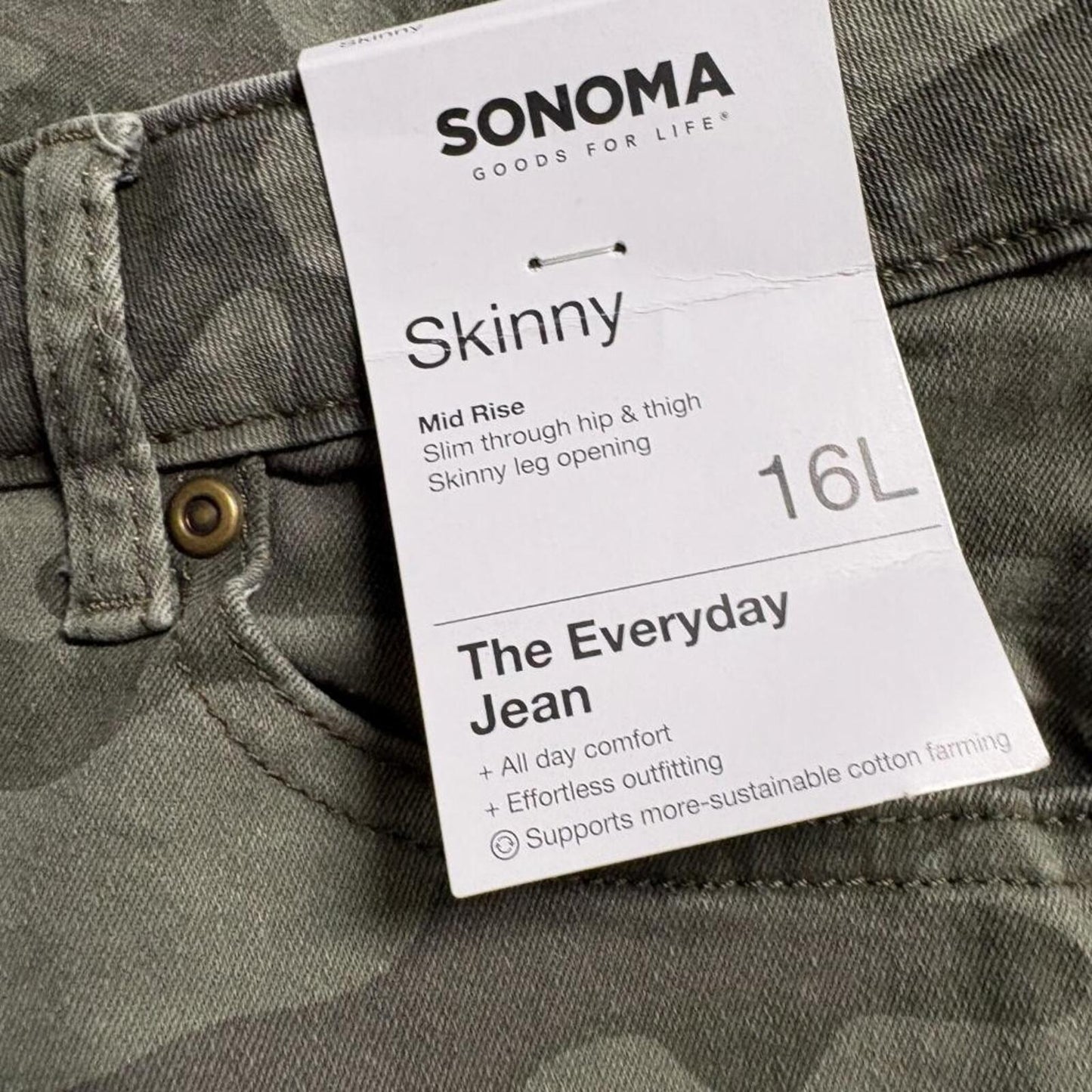 Sonoma Goods For Life Skinny Jeans Womens 16L Green Camo Mid Rise Stretch New