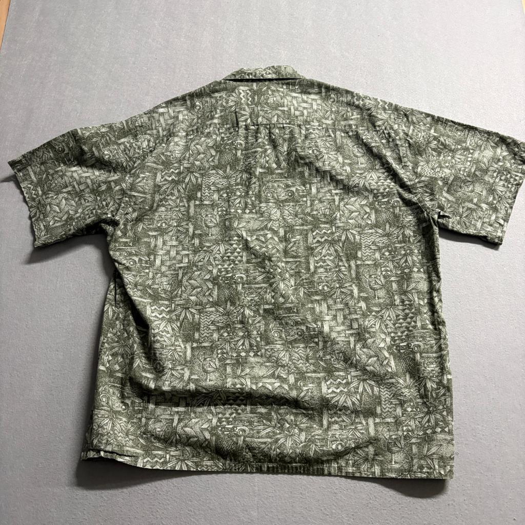 Moda Campia Hawaiian Shirt Mens XL Green Cotton Woody Wagon Tropical Tiki