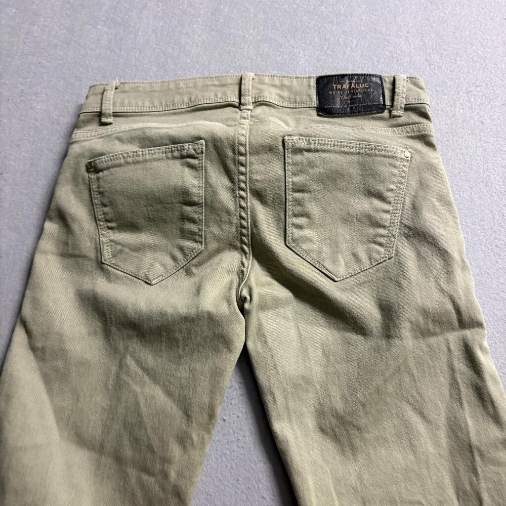 Zara Trafaluc Slim Jeans Womens 2 Green Olive Raw Hem Stretch Denim Pants