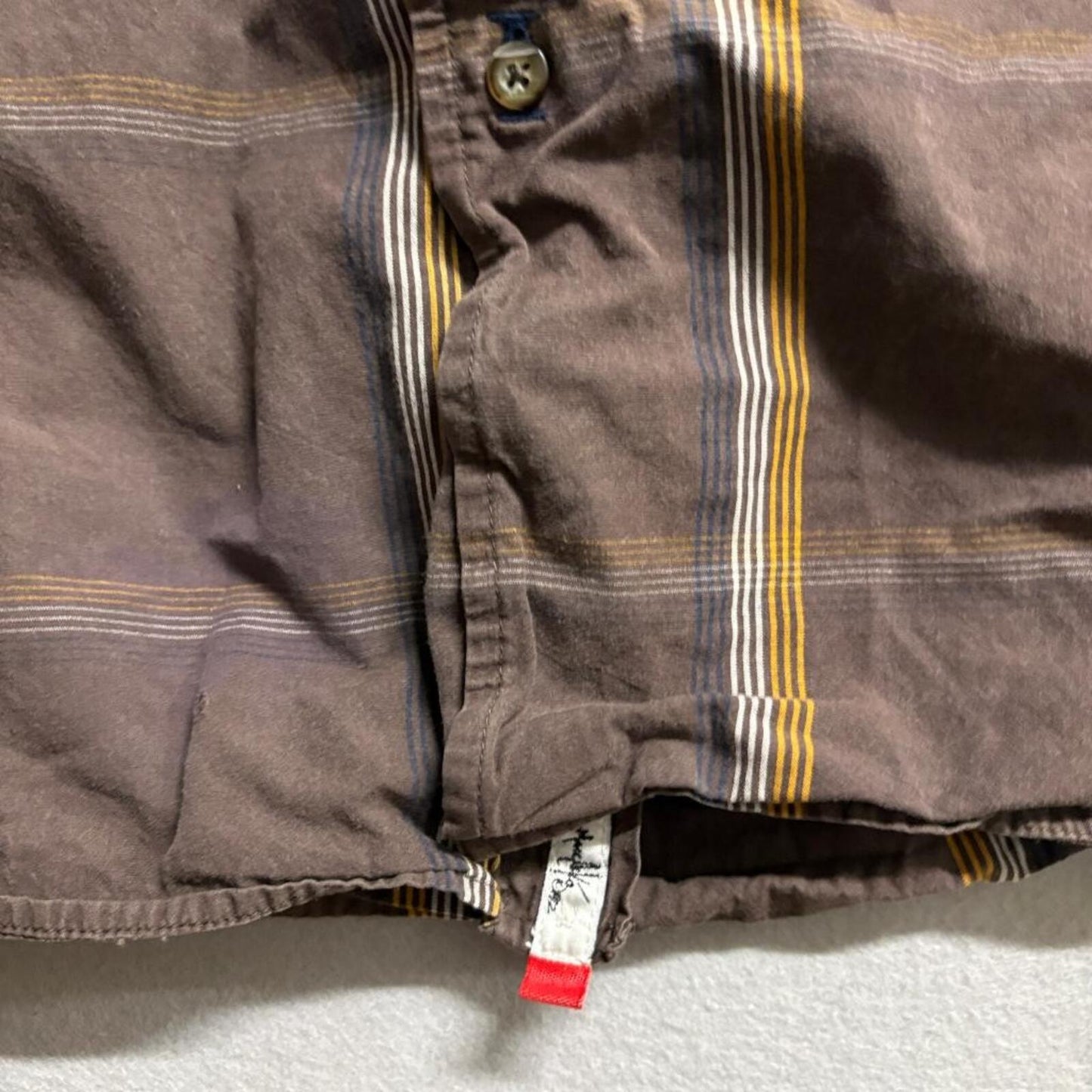 Ecko Unltd Mens XL Brown Striped Short Sleeve Button Up Woven Cotton Shirt Y2K