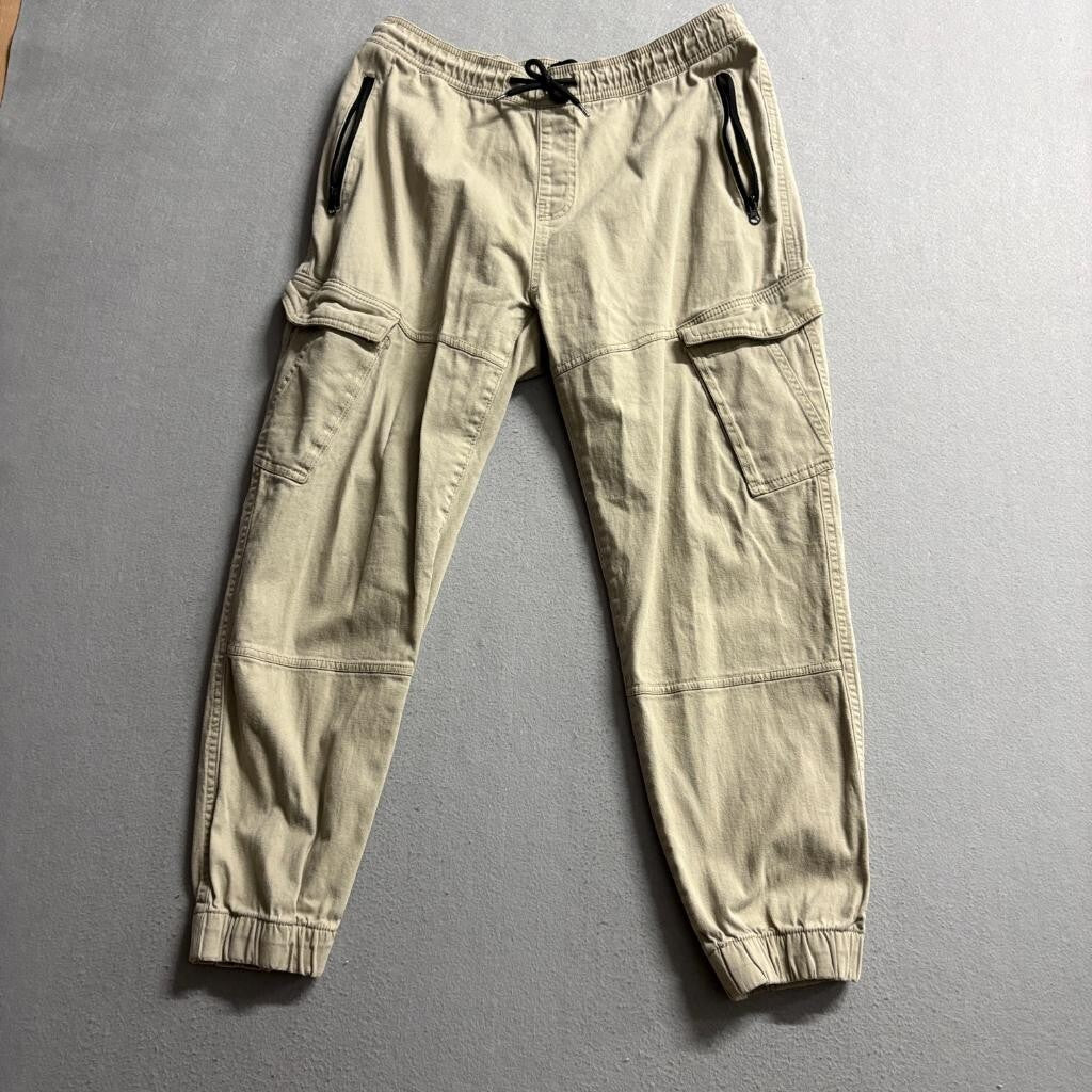 WXYZ Mfg Co Mens Large Cargo Jogger Pants Khaki Beige Cotton Stretch Drawstring