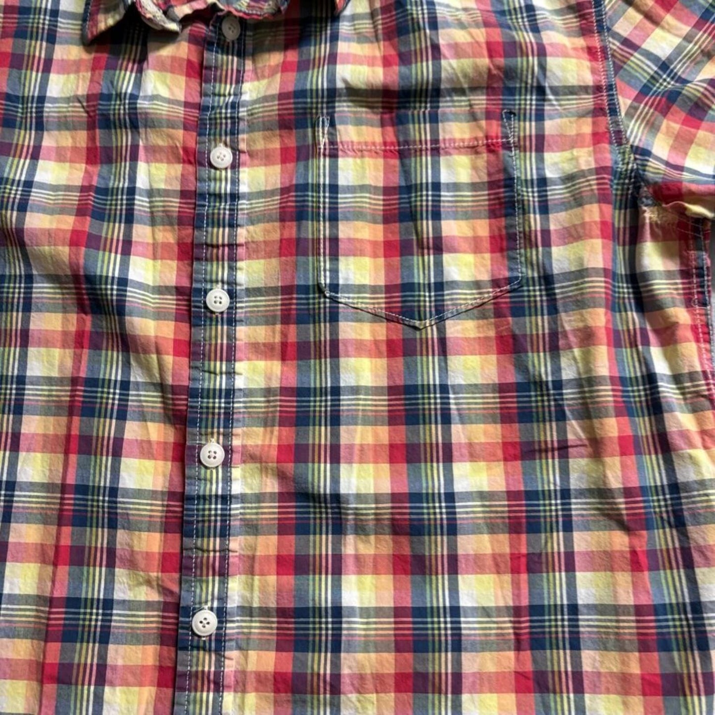Aeropostale Plaid Shirt Mens XL Short Sleeve Button Up Red Yellow Blue Cotton