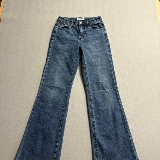 RSQ Womens High Rise Flare Jeans Size 24 Blue Medium Wash Raw Fringe Hem Stretch