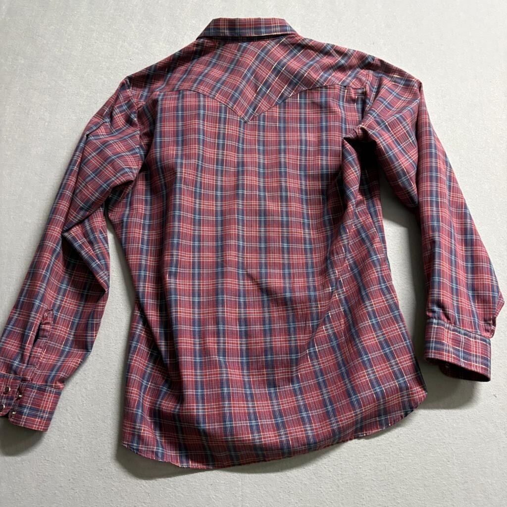 Vintage Levis Western Pearl Snap Shirt Mens XL Red Blue Plaid Tapered USA Made