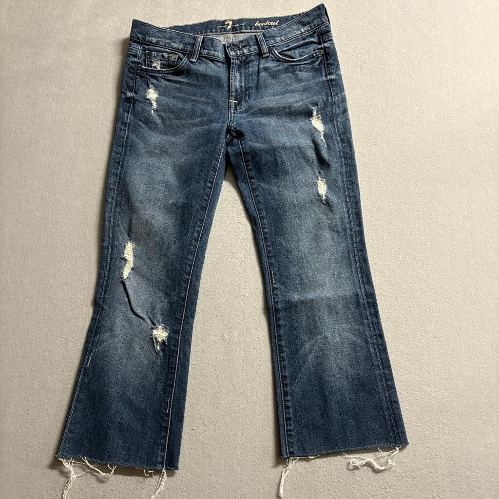 7 For All Mankind Bootcut Jeans Womens 28 Distressed Raw Hem Blue Denim Stretch