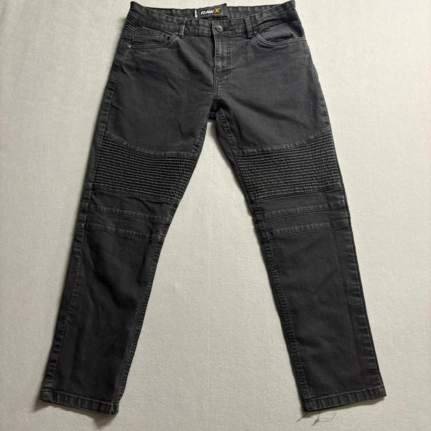 Raw X Moto Jeans Mens 34x30 Black Denim Biker Ribbed Panel Stretch Slim Fit