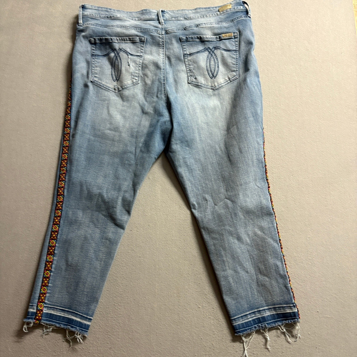 Seven7 Womens Jeans 20W Blue Denim Crop Frayed Hem Embroidered Side Stripe