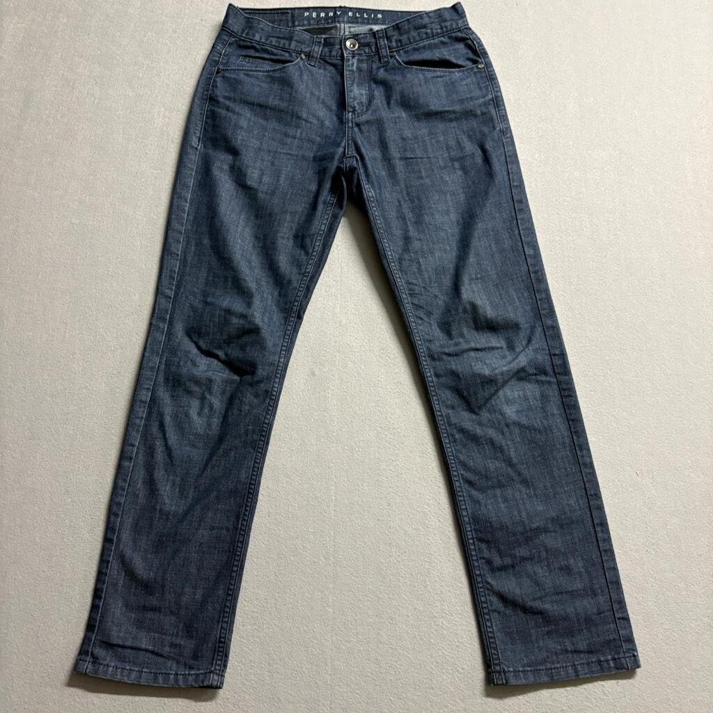 Perry Ellis Mens Jeans 29x30 Dark Wash Blue Denim Stretch Straight Leg