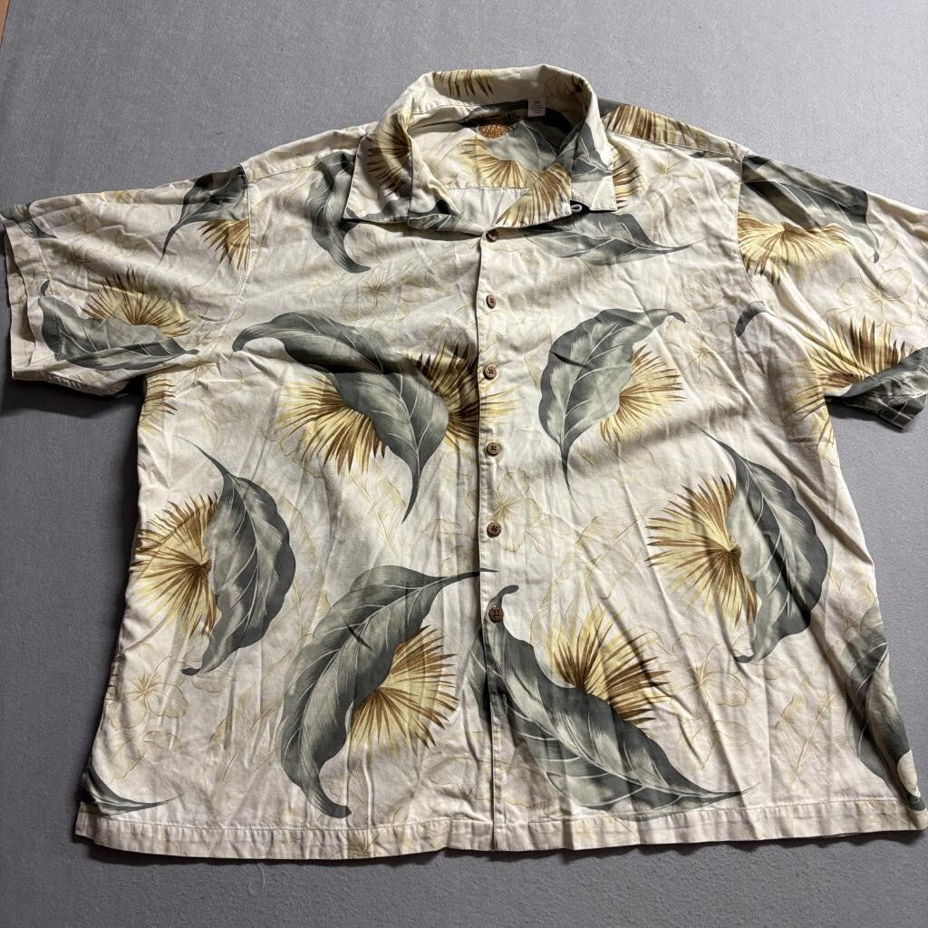 Caribbean Joe Mens 3X Silk Cotton Hawaiian Shirt Tropical Palm Leaf Beige Green