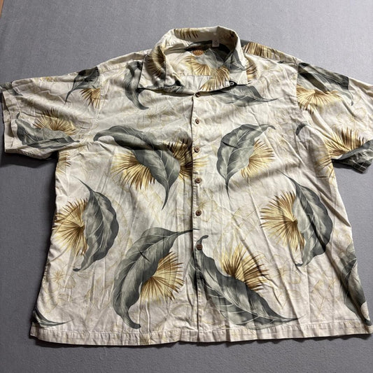 Caribbean Joe Mens 3X Silk Cotton Hawaiian Shirt Tropical Palm Leaf Beige Green