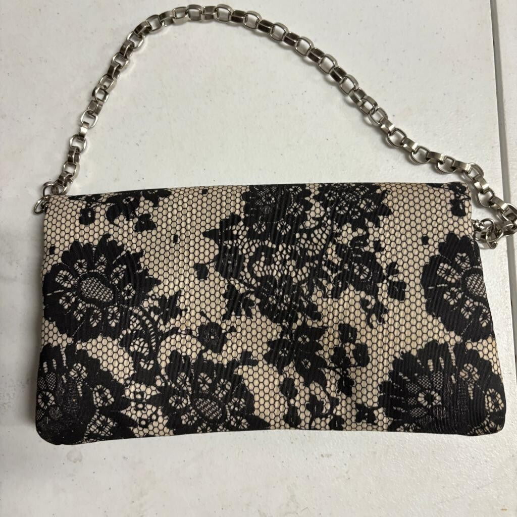 Unbranded Black Lace Print Evening Clutch Bag Silver Chain Strap Kiss Lock