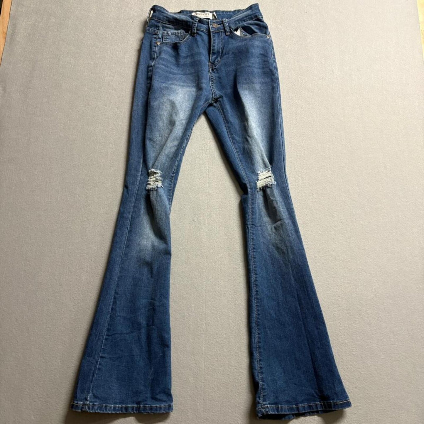 Celebrity Ace Distressed Flare Jeans Womens Size 5/27 Blue Denim Ripped Knee