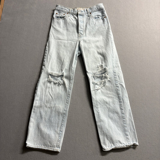 Levi's Ribcage Straight Ankle Jeans Womens 26 Light Wash Distressed Ripped Denim