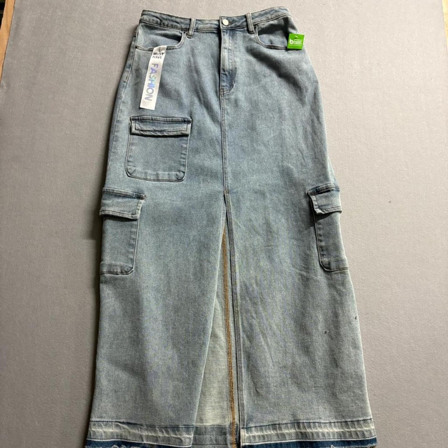 Tinseltown Denim Cargo Maxi Skirt Womens Size 11/30 Blue High Rise Raw Hem New