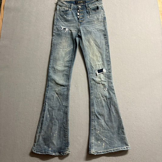 Indigo Rein Flare Jeans Juniors Size 5 High Rise Distressed Paint Splatter Blue