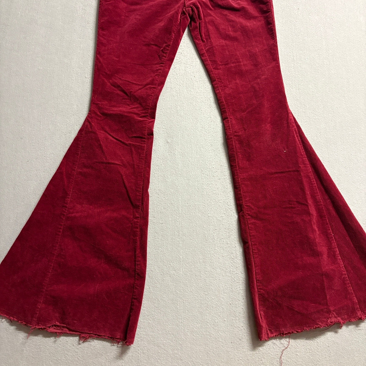 Saints & Hearts Corduroy Flare Pants Large Red Raw Hem High Rise Stretch Bell