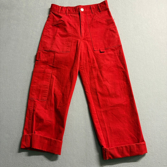 Zara Womens Red Cargo Pants Size M Utility Carpenter High Rise Wide Leg Cuffed
