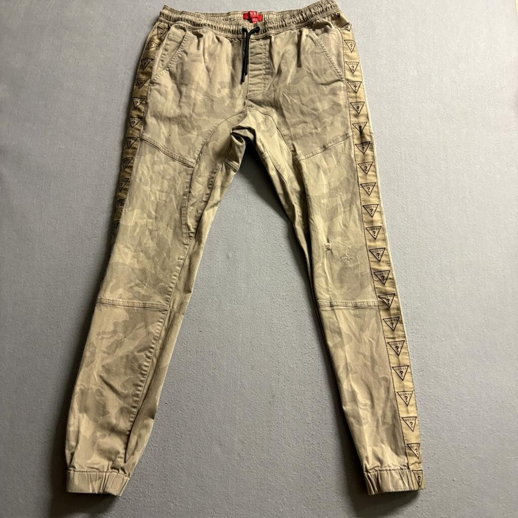 Guess Los Angeles Mens Small Camo Jogger Pants Khaki Logo Tape Side Stripe