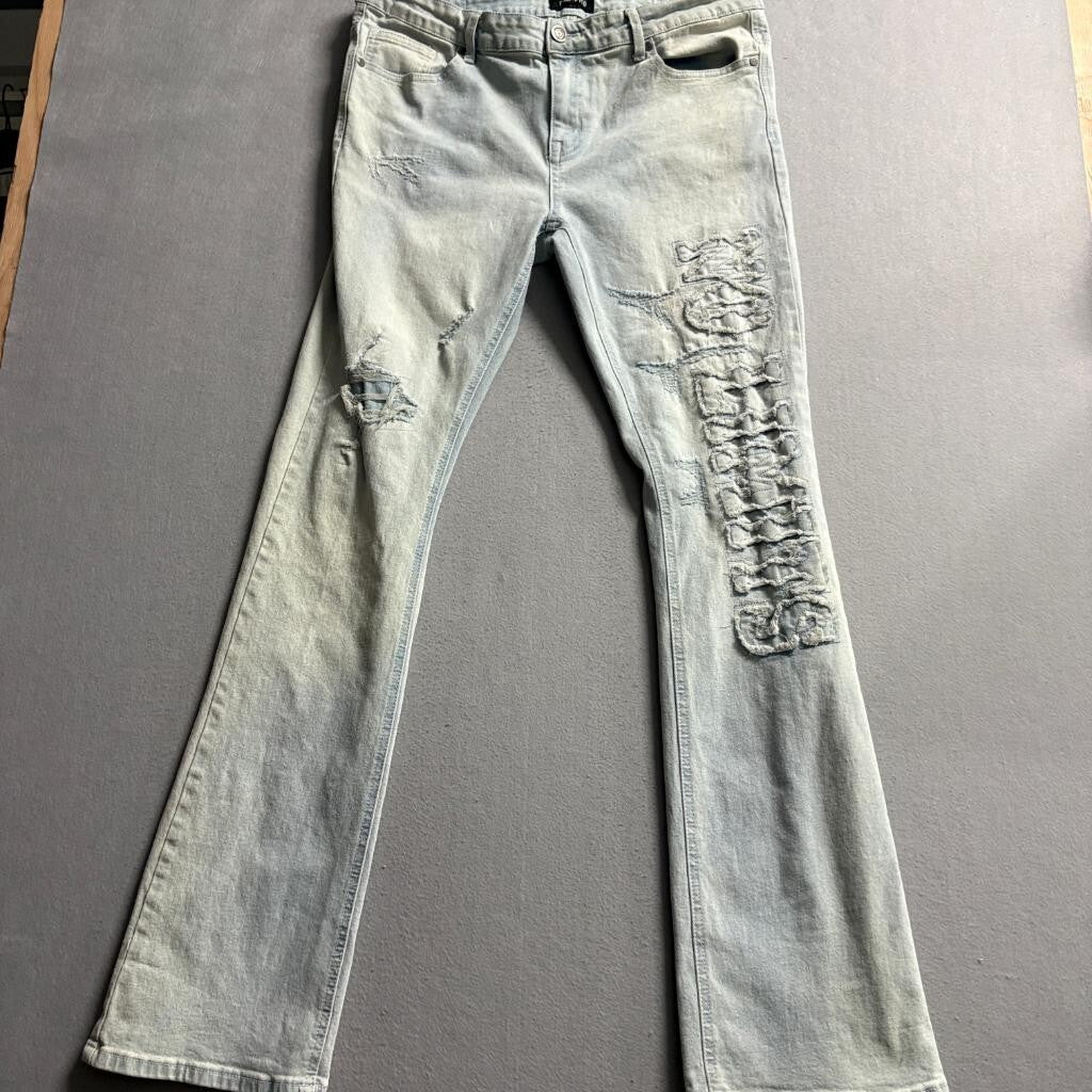 Encrypted Distressed Jeans Mens 34 Light Wash Ripped Graphic Patch Denim