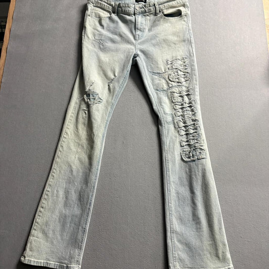 Encrypted Distressed Jeans Mens 34 Light Wash Ripped Graphic Patch Denim