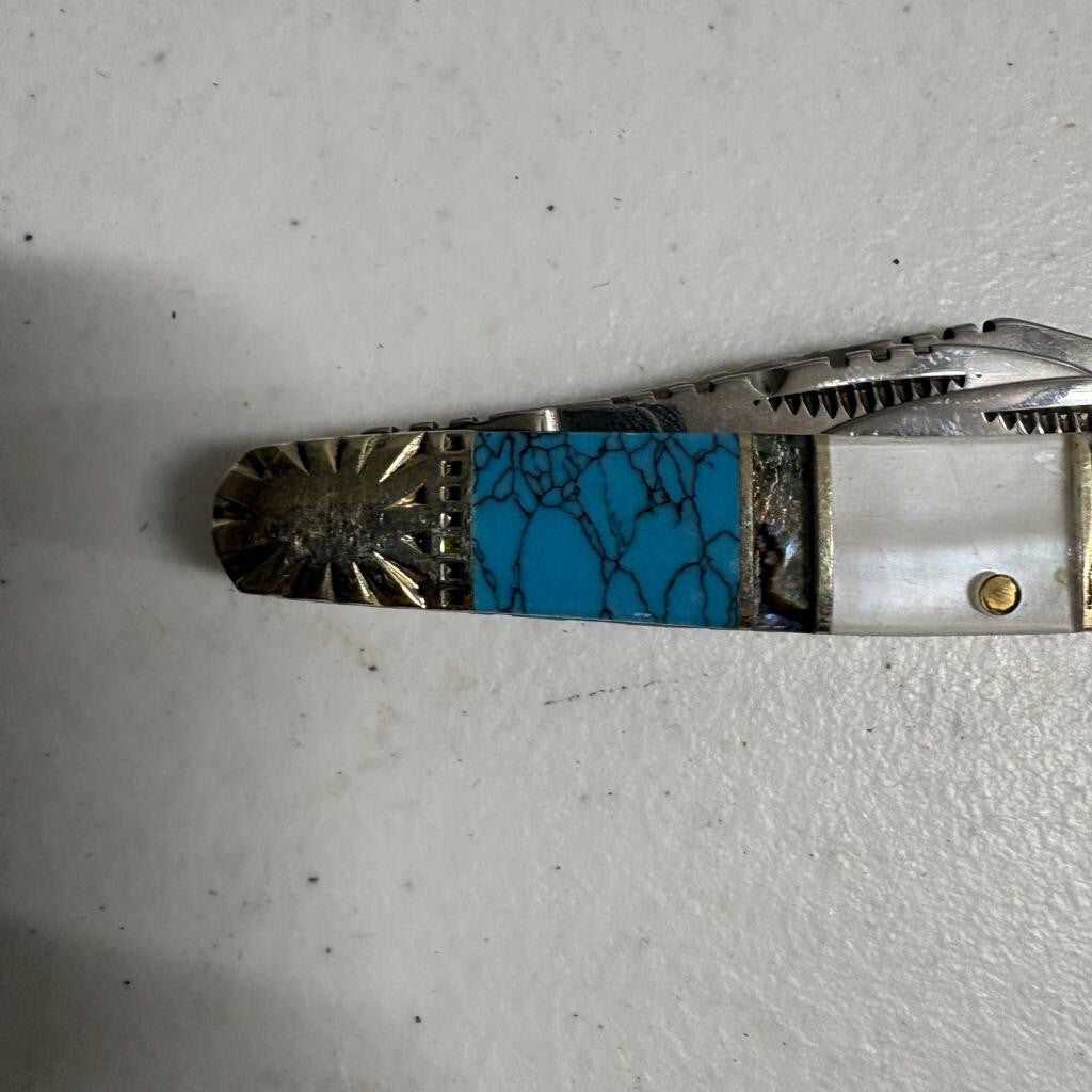 Silverhorse Stoneworks 3 Blade Pocket Knife Turquoise Abalone Pearl Horse Head