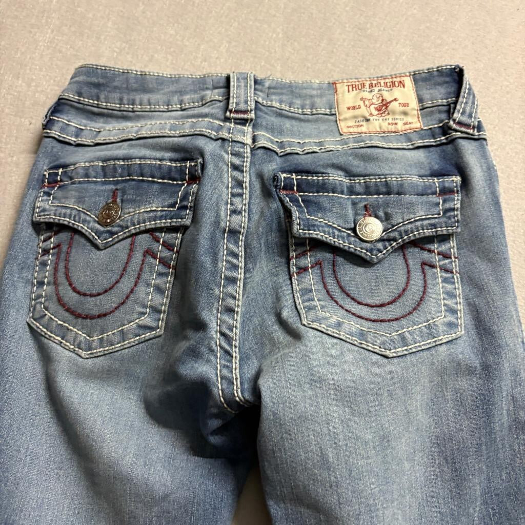 True Religion Becca Mid Rise Bootcut Jeans Womens Size 27 Blue Denim Flap Pocket