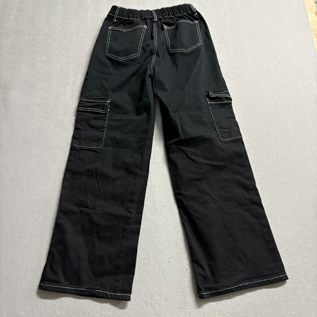 Forever 21 Womens Cargo Pants Medium Black Contrast Stitch Wide Leg Elastic