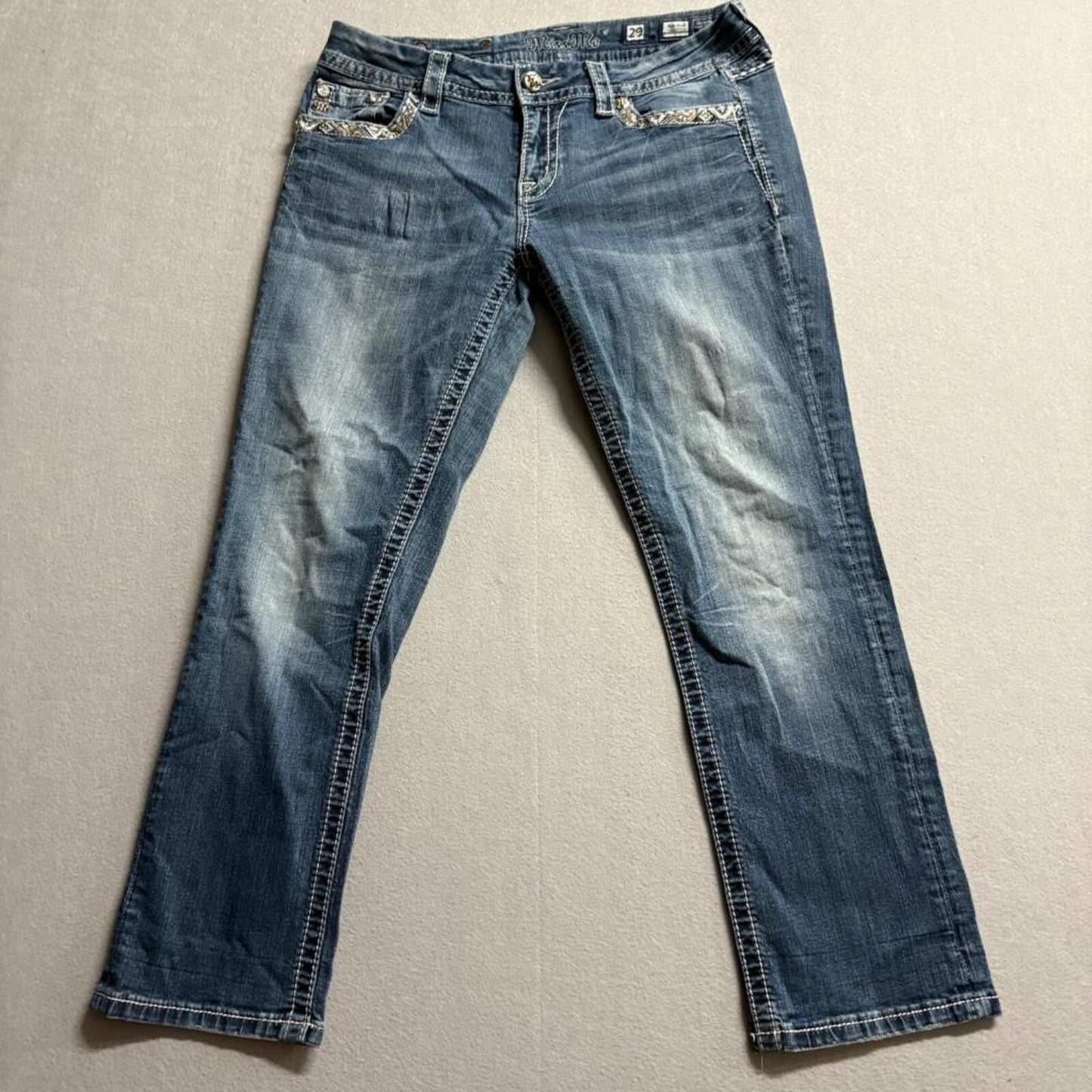 Miss Me Mid Rise Easy Cropped Jeans Womens 29 Blue Denim Embellished Rhinestone