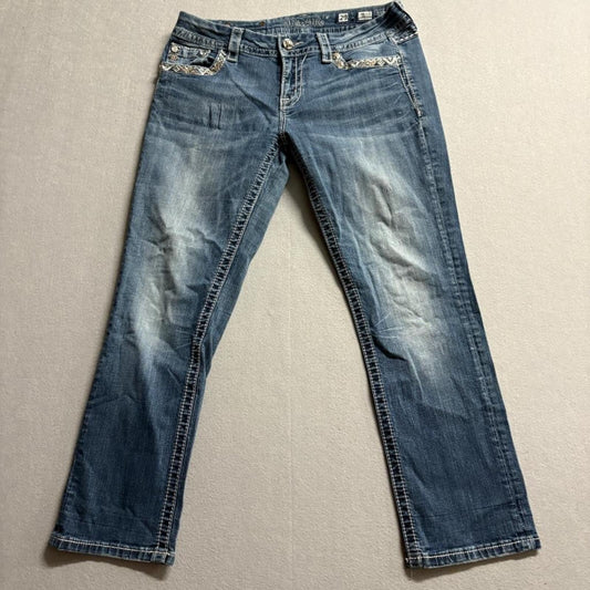 Miss Me Mid Rise Easy Cropped Jeans Womens 29 Blue Denim Embellished Rhinestone