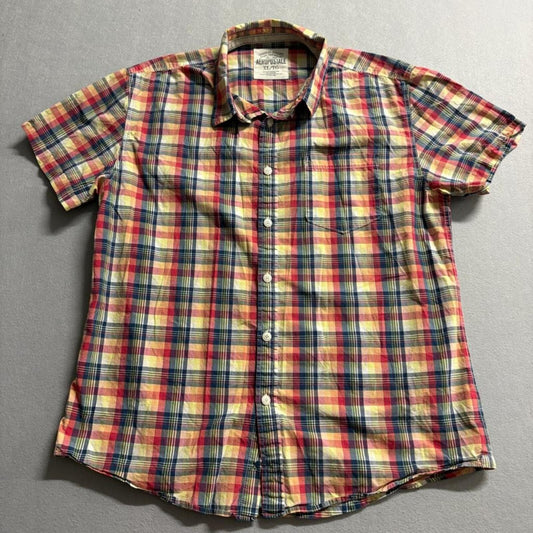 Aeropostale Plaid Shirt Mens XL Short Sleeve Button Up Red Yellow Blue Cotton