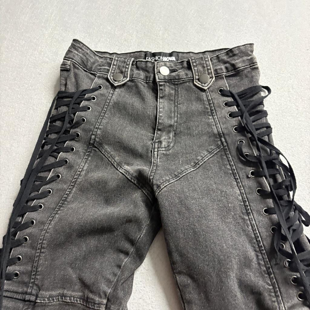 Fashion Nova Lace Up Side Jeans Womens Medium Black Denim Skinny High Rise