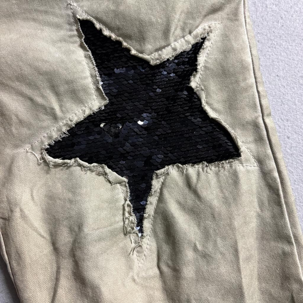 Venti6 Womens Sequin Star Patch Jogger Jeans Green Khaki Stretch Pants Size